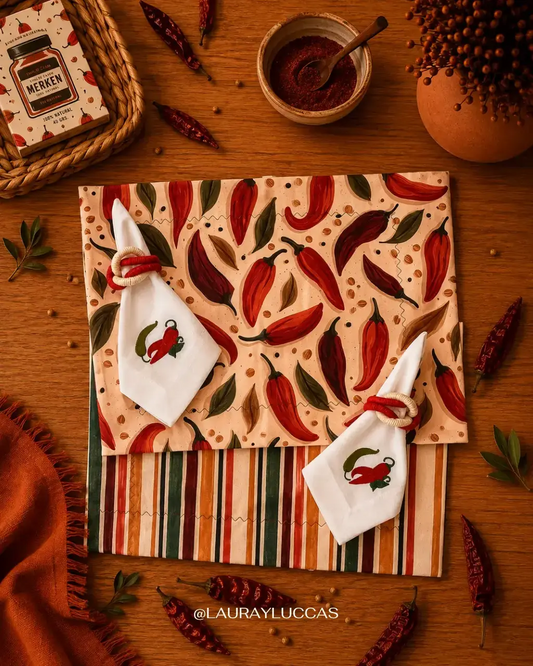 Kit de Mesa Puesta Ají Cacho de Cabra con servilletas bordadas