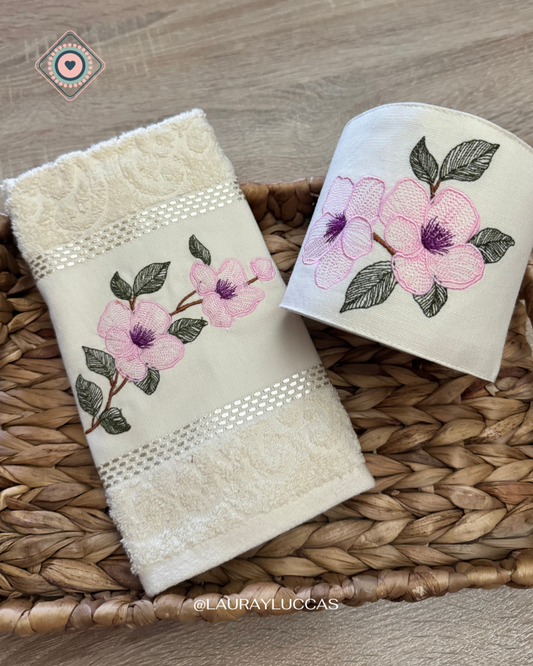 Porta rollo papel higiénico beige bordado Flor de Cerezo