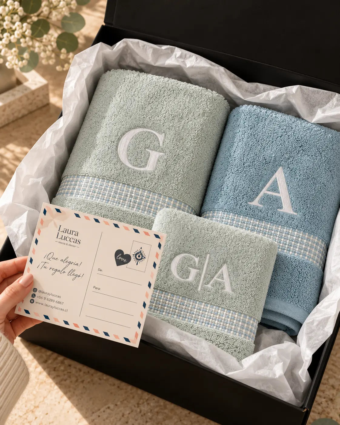 Kit Toalla de baño y manos color agua personalizadas