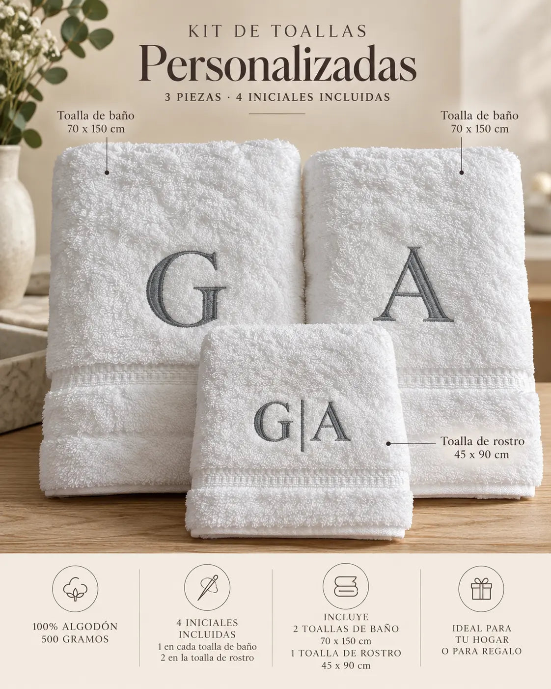 Kit Toalla de baño y manos color blanco personalizadas
