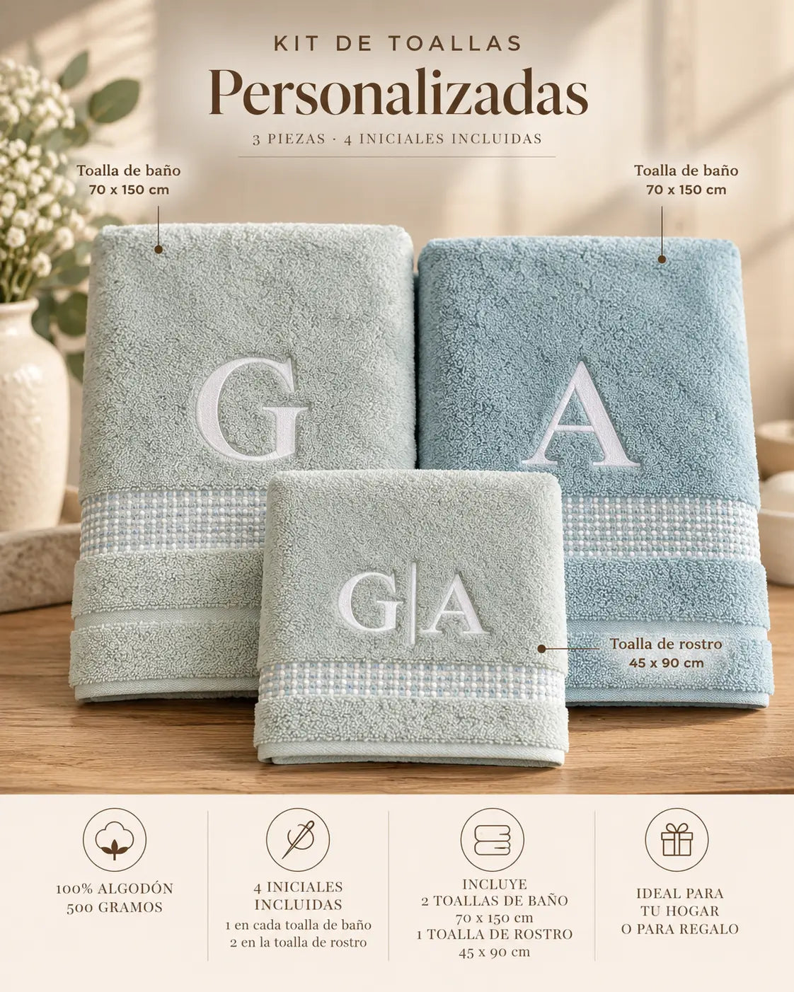 Kit Toalla de baño y manos color agua personalizadas
