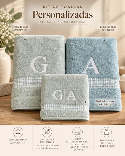 Kit Toalla de baño y manos color agua personalizadas