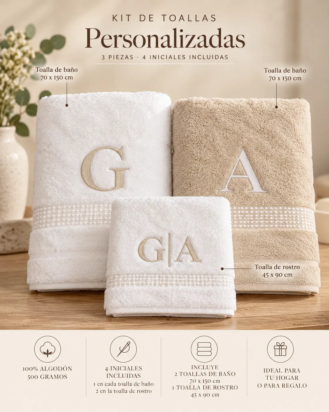 Kit Toalla de baño y manos color arena personalizadas