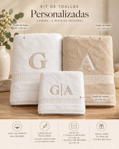 Kit Toalla de baño y manos color arena personalizadas