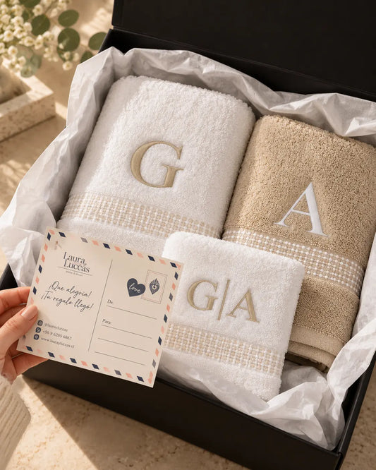 Kit Toalla de baño y manos color arena personalizadas