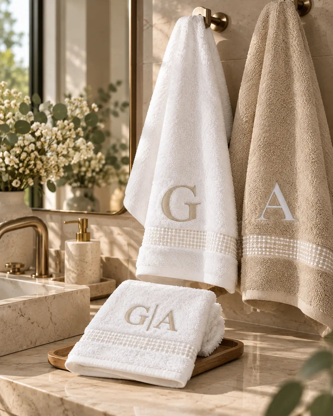 Kit Toalla de baño y manos color arena personalizadas
