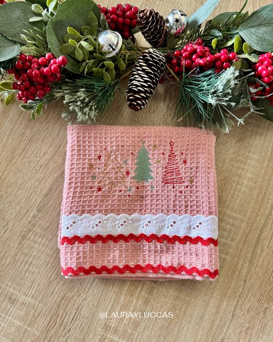 Paño de Cocina Palo Rosa Pinos Navideños