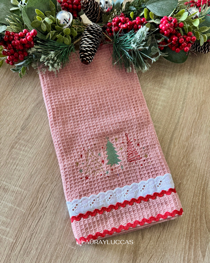 Paño de Cocina Palo Rosa Pinos Navideños