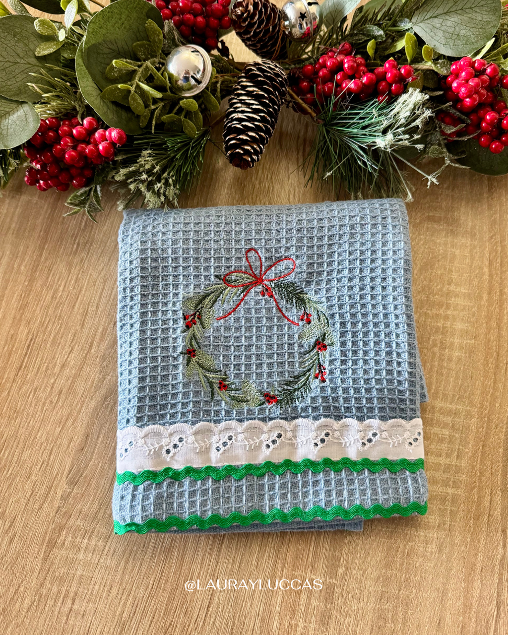 Paño de Cocina Celeste Guirnalda Navidad