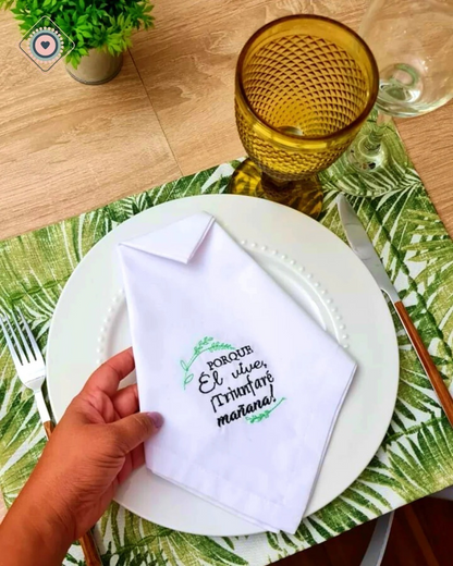 Servilleta de Tela Color Blanco Bordado Porque Él vive