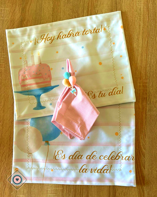 Kit de Mesa Puesta Cumpleaños (servilletas rayas rosada)