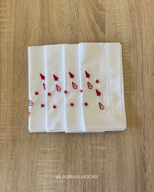 Set de 4 servilletas de tela bordadas Pinos rojos