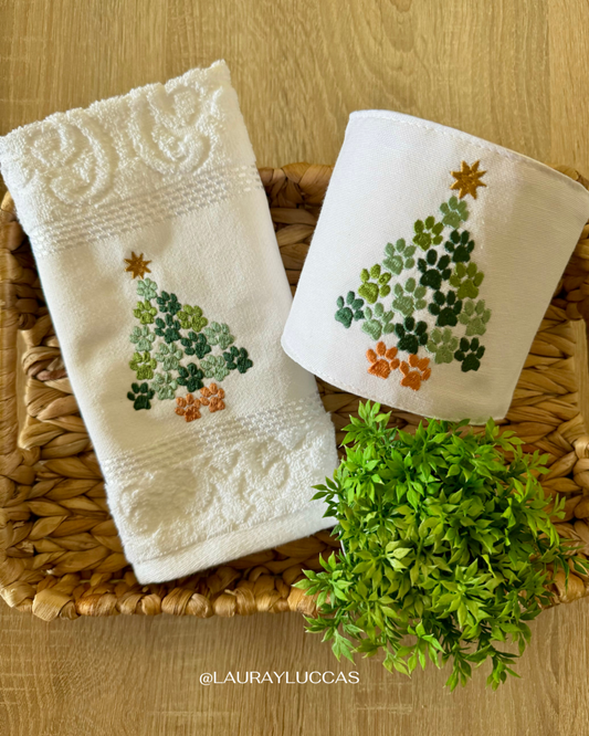 Kit Toalla de visita bordada + porta rollo blanco Pino de Patitas