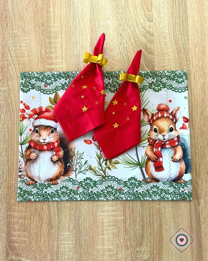 Servilleta de Tela Bordada color roja estrellas doradas