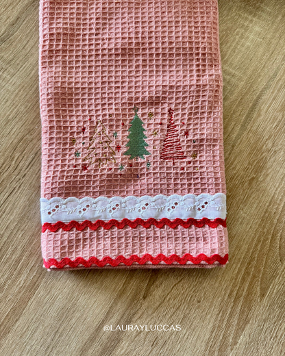 Paño de Cocina Palo Rosa Pinos Navideños