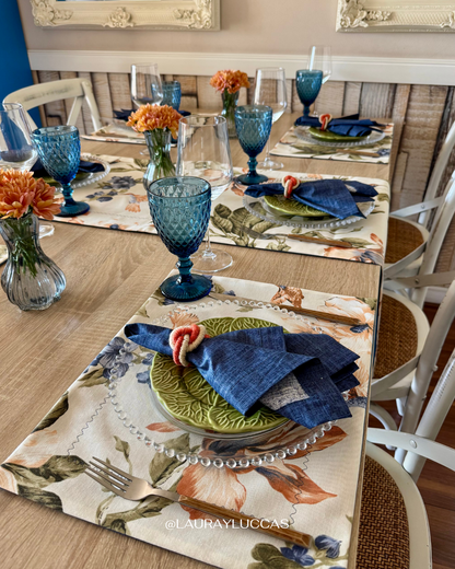 Kit de Mesa Puesta Colibrí Off White con porta servilletas trenzado rústico