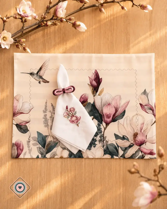 Kit de Mesa Puesta Las Magnolias con servilleta bordada