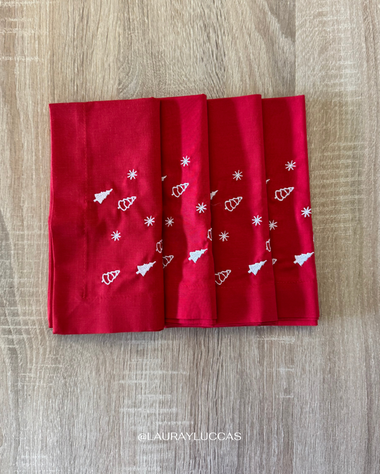 Set de 4 servilletas de tela bordadas Pinos blancos