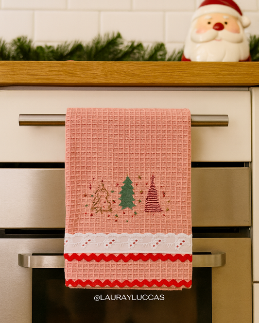 Paño de Cocina Palo Rosa Pinos Navideños