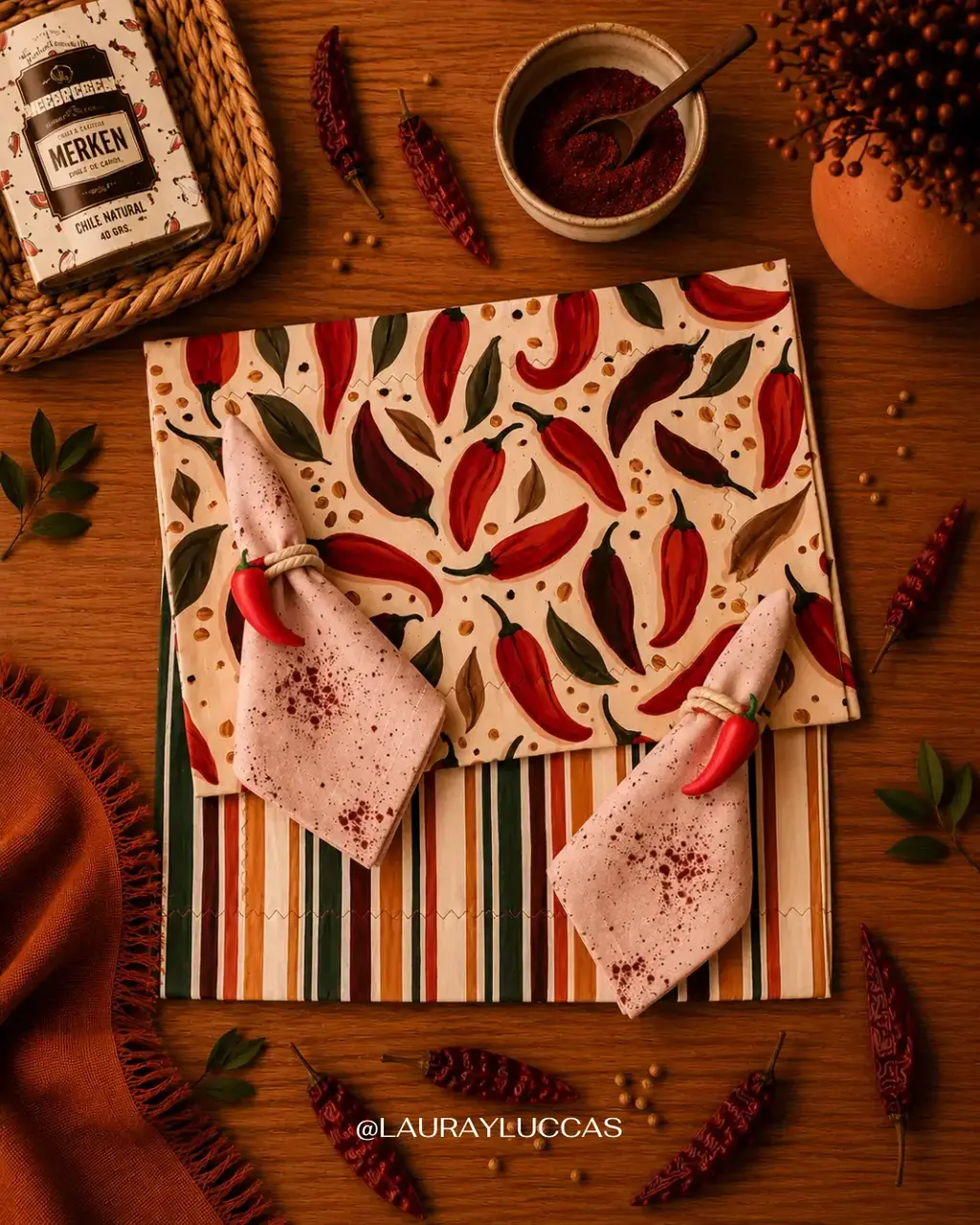 Kit de Mesa Puesta Ají Cacho de Cabra con servilletas estampada