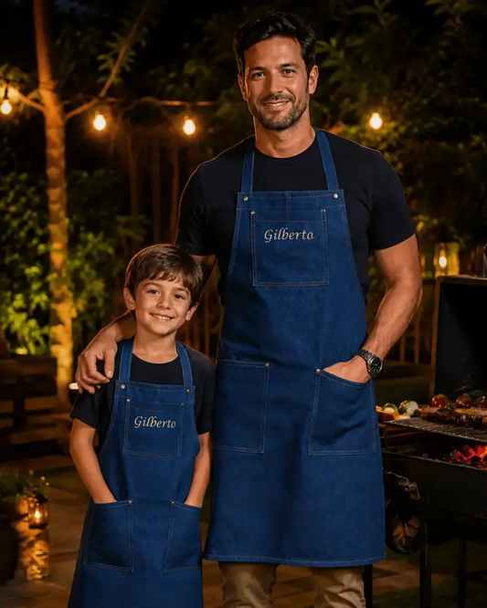 Kit Delantal Mezclilla Personalizado Papá e hijo