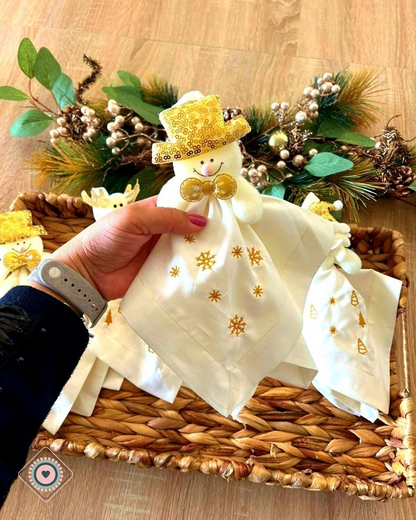 Servilleta de Tela Bordada color blanco invierno Copos de nieve dorados