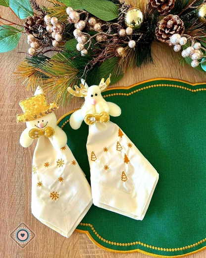 Servilleta de Tela Bordada color blanco invierno Copos de nieve dorados